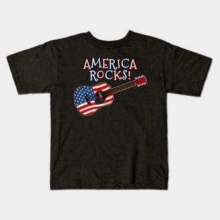 4th July Acoustic Guitar, America Rocks, Guitarist Musician Kids T-Shirt